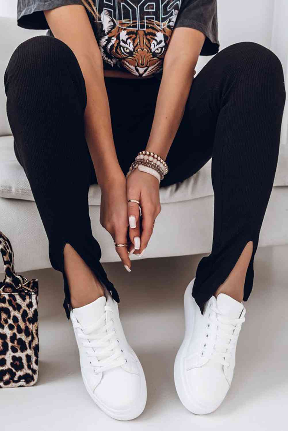 Trendsi Activewear GYPSY-High Waist Ribbed Slit Leggings