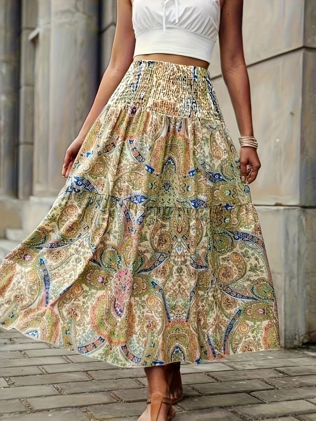 Trendsi Bottoms/skirts Sage / S GYPSY-Boho Style Printed High Waist Skirt