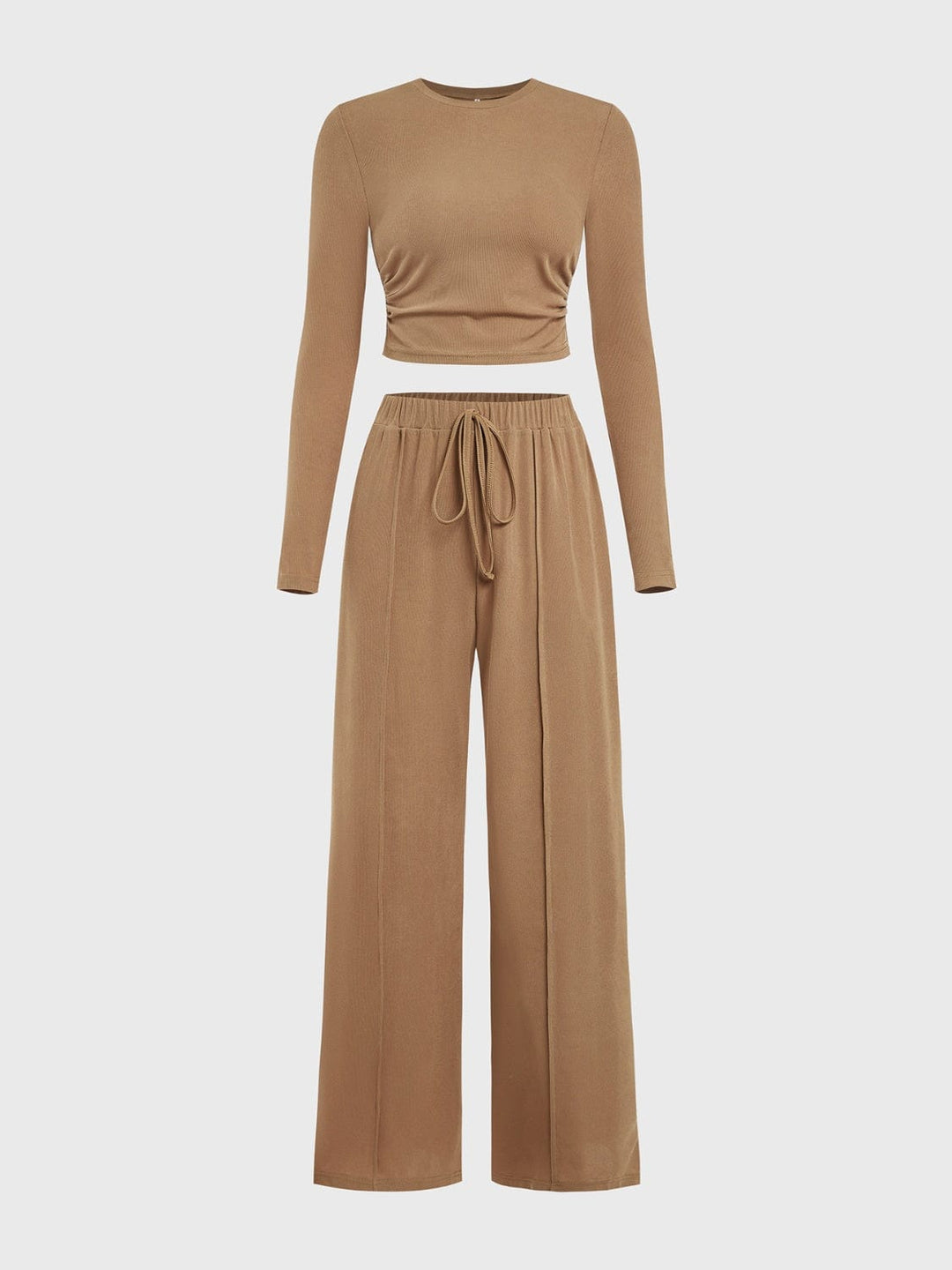 Trendsi Camel / S Round Neck Long Sleeve Top and Tied Pants Set