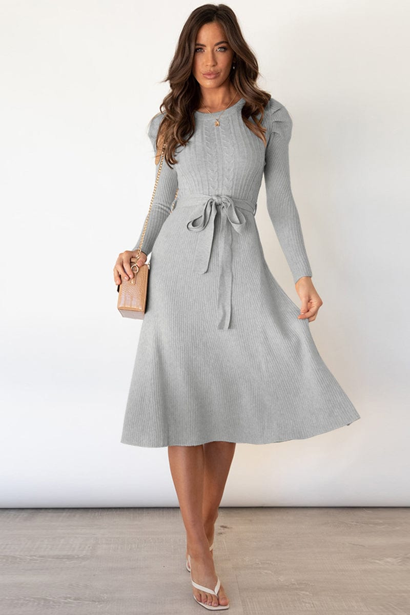 Trendsi dress Light Gray / S Gypsy Ila Long Sleeve Tie Waist Sweater Dress