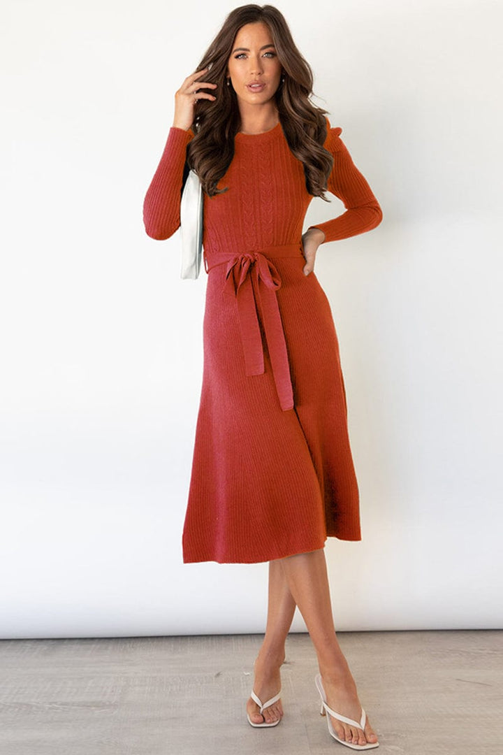 Trendsi dress Red Orange / S Gypsy Ila Long Sleeve Tie Waist Sweater Dress