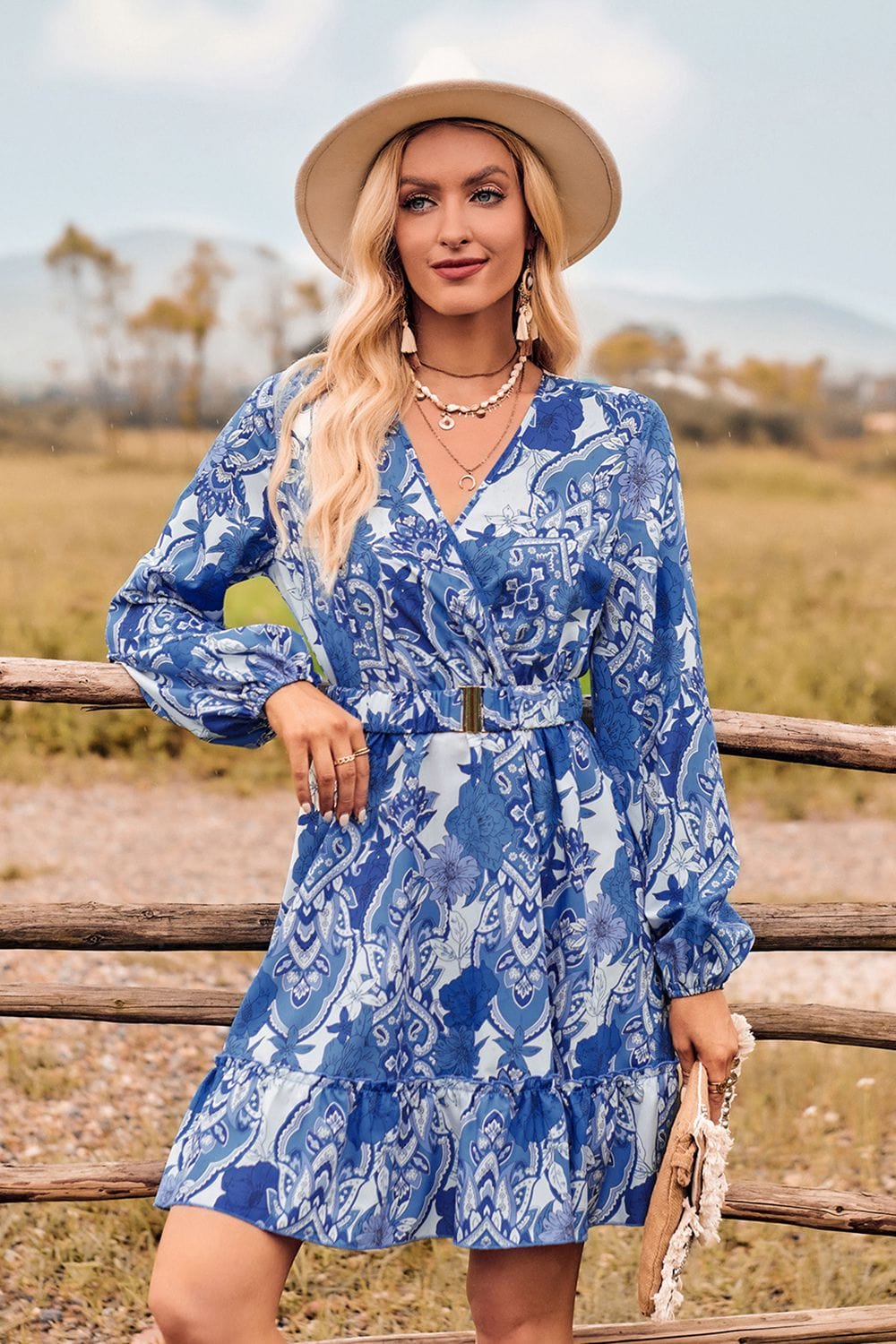 Trendsi dress Royal  Blue / S Gypsy Surge Printed Long Sleeve Dress