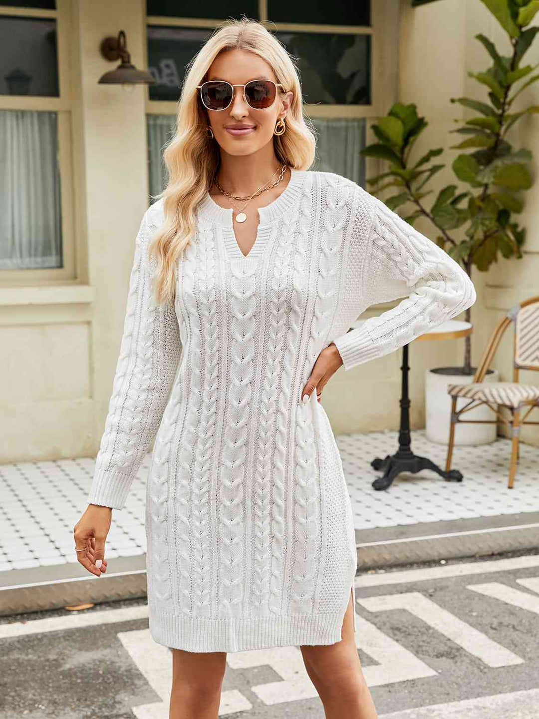 Trendsi dress White / S Gypsy Please Cable-Knit Slit Sweater Dress
