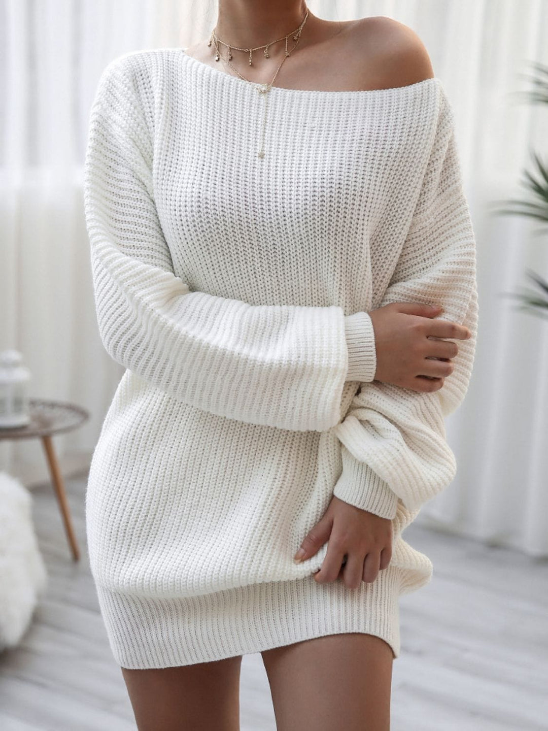 Trendsi dress White / S Gypsy Simple Rib-Knit Sweater Dress