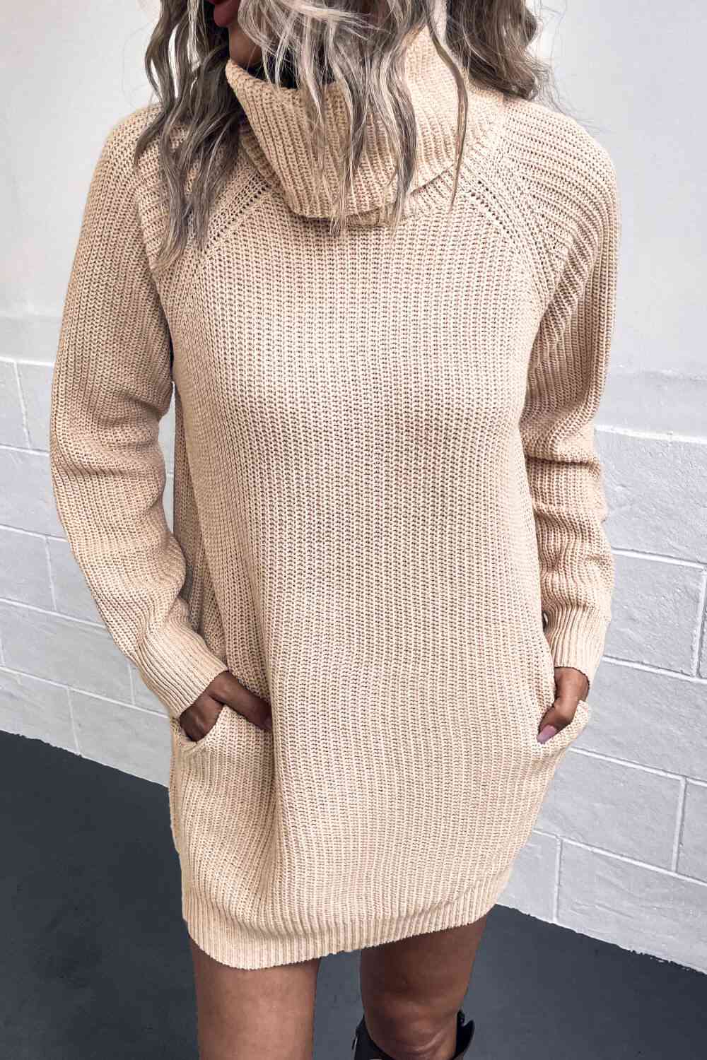 Trendsi Dresses Beige / S Gypsy Obra Turtleneck Sweater Dress with Pockets