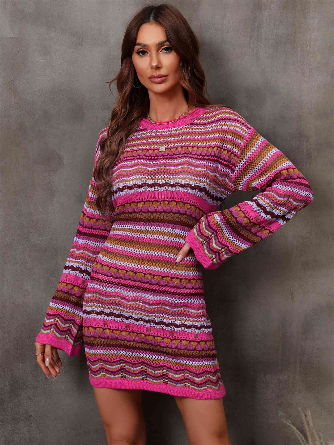 Trendsi Dresses Fuchsia / S Gypsy Malla Multicolored Dropped Shoulder Sweater Dress