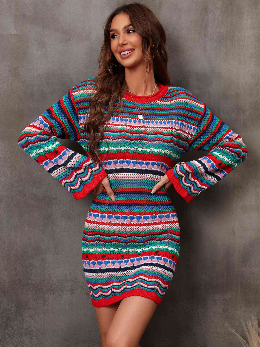 Trendsi Dresses Gypsy Malla Multicolored Dropped Shoulder Sweater Dress