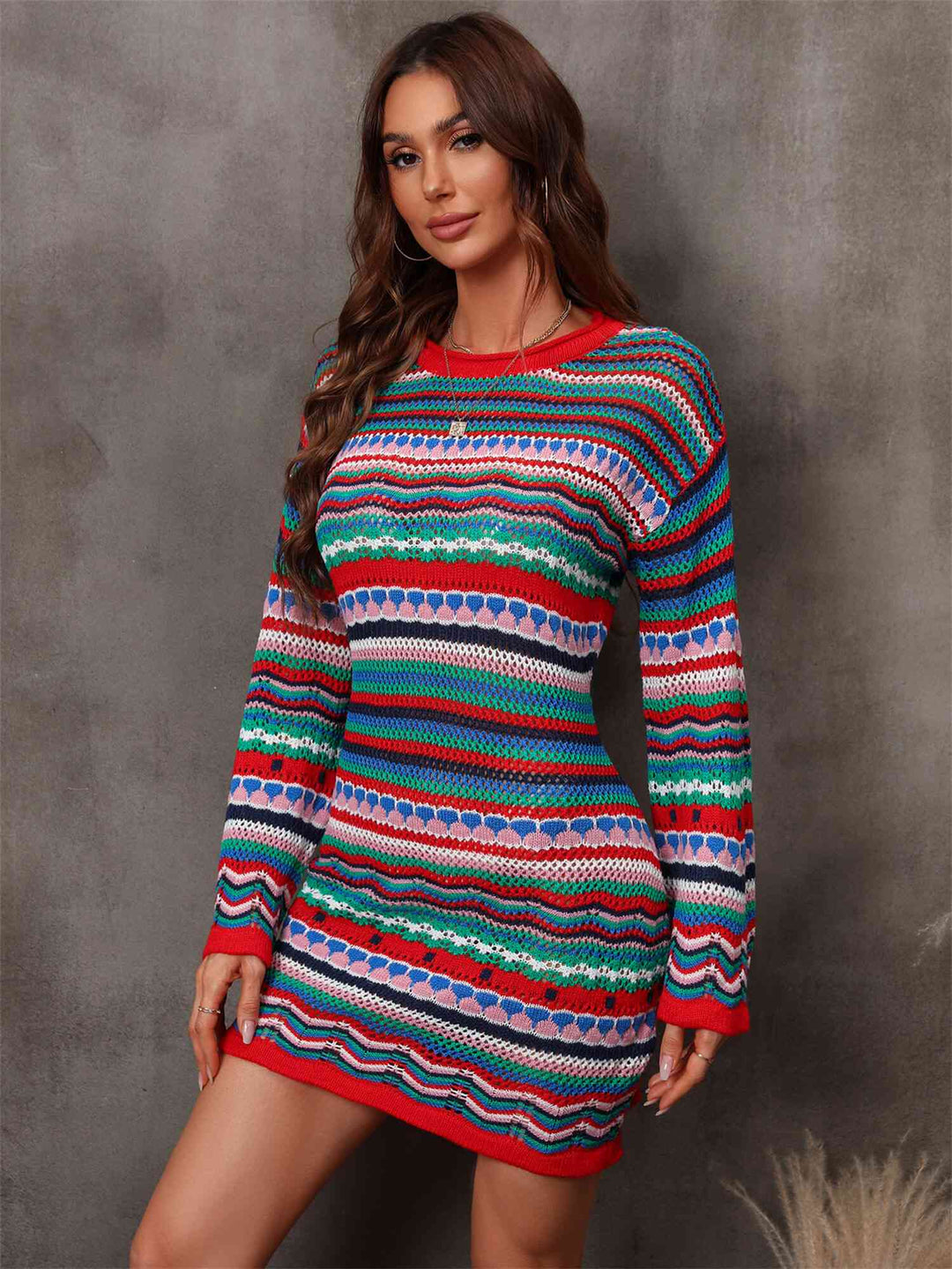 Trendsi Dresses Gypsy Malla Multicolored Dropped Shoulder Sweater Dress