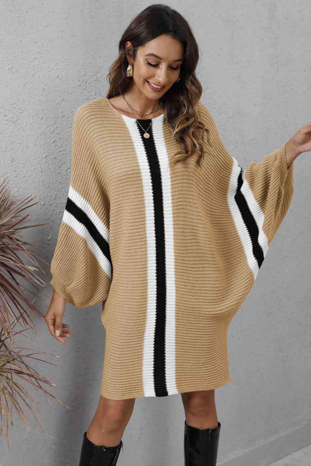 Trendsi Dresses Gypsy Oven Ribbed Round Neck Sweater Dress