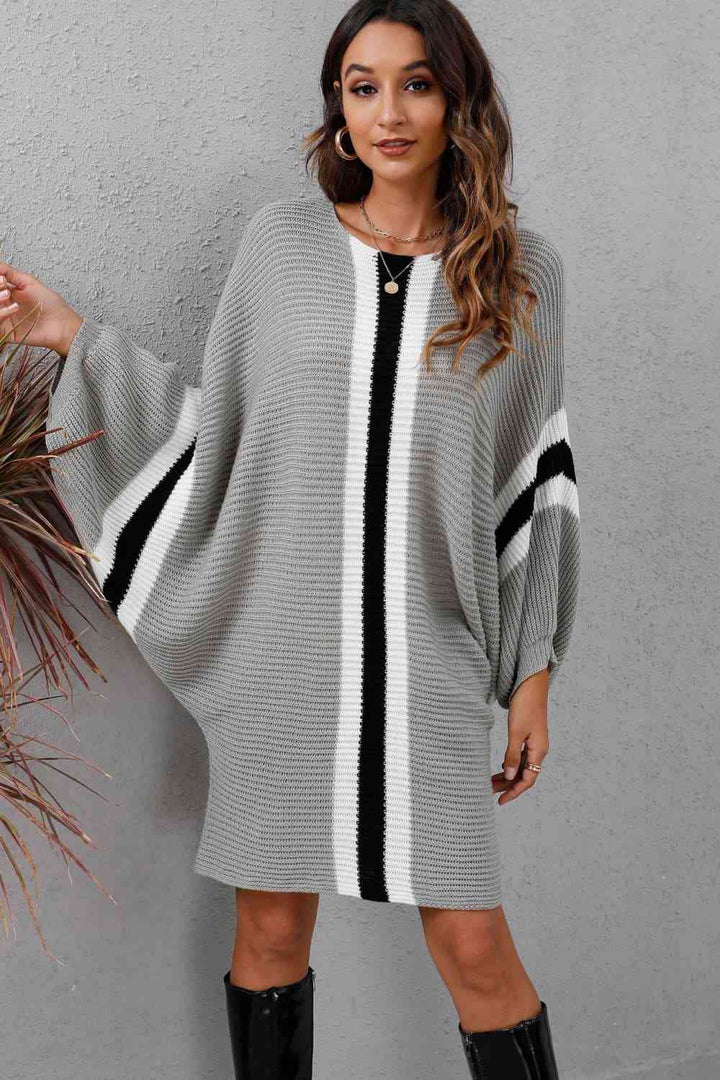 Trendsi Dresses Light Gray / S Gypsy Oven Ribbed Round Neck Sweater Dress