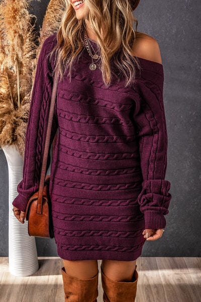 Trendsi Dresses Magenta / S Gypsy Frond Cable-Knit Boat Neck Sweater Dress