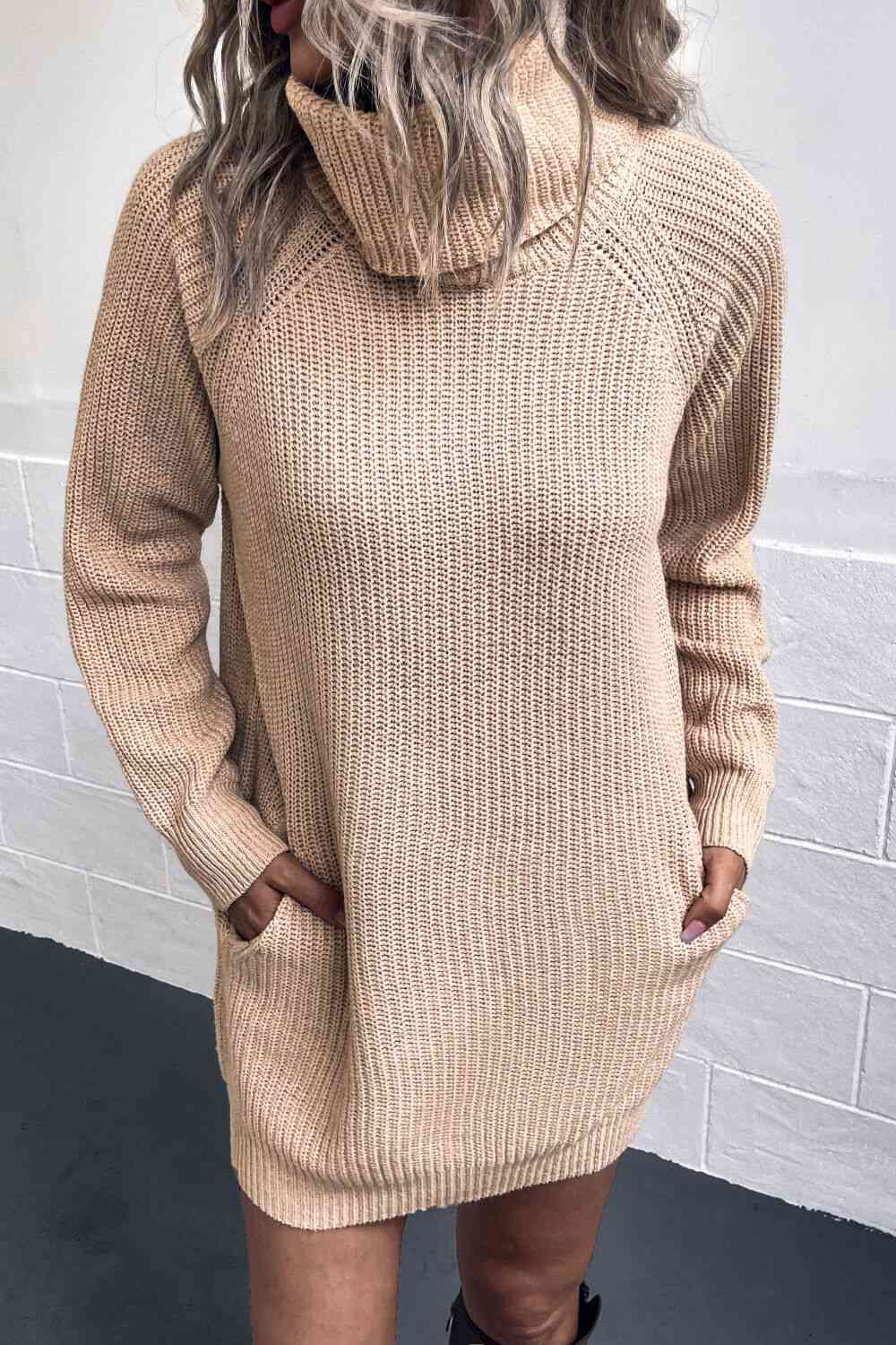 Trendsi Dresses Sand / S Gypsy Obra Turtleneck Sweater Dress with Pockets