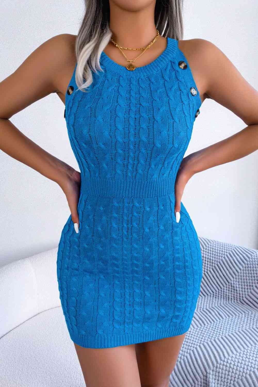 Trendsi Dresses Sky Blue / S Gypsy Veeze Sleeveless Cable-Knit Dress