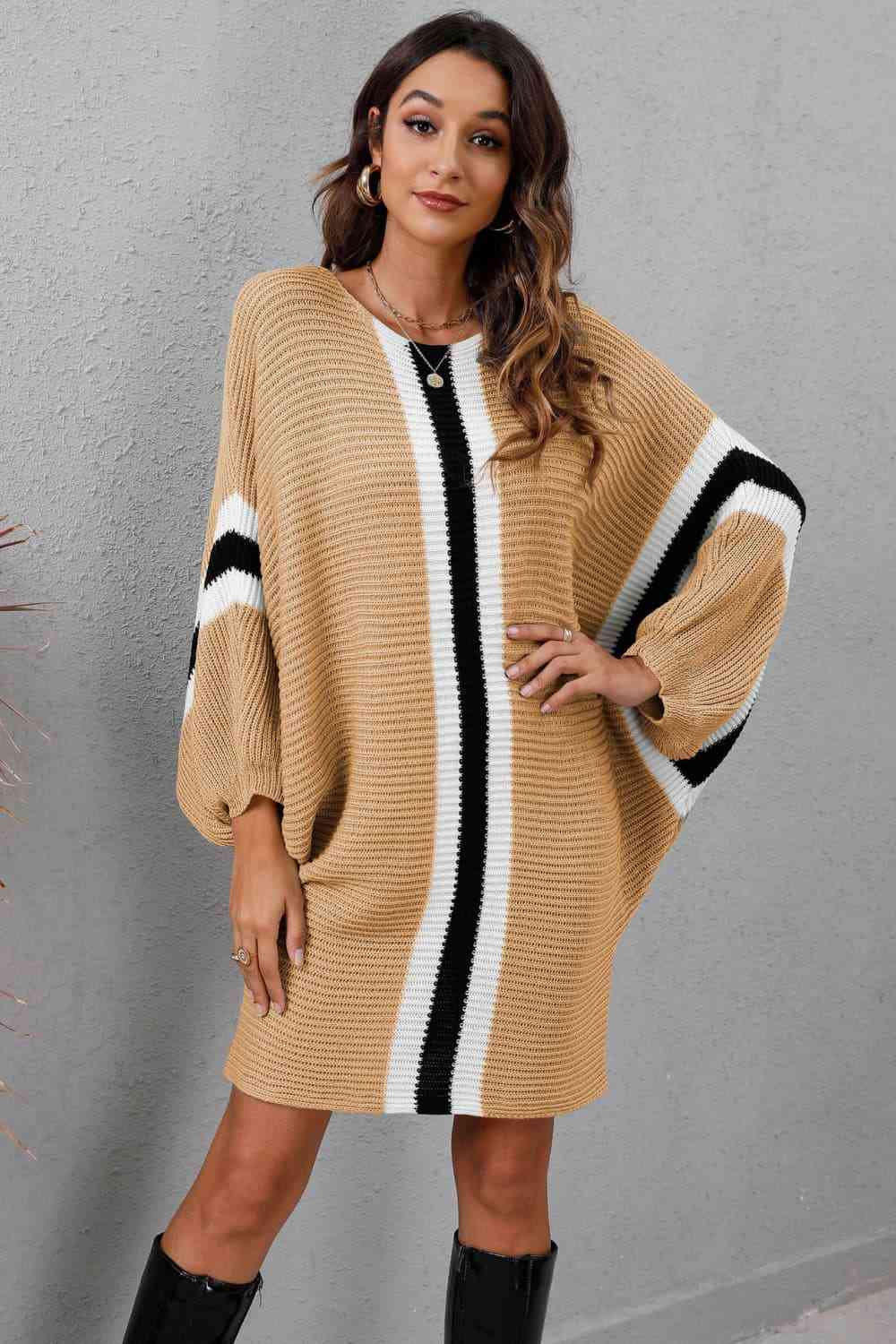 Trendsi Dresses Tan / S Gypsy Oven Ribbed Round Neck Sweater Dress