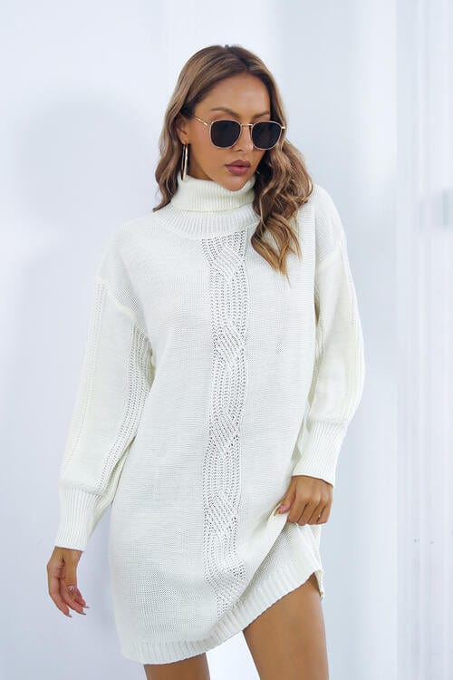Trendsi Dresses White / S Gypsy Hynde Turtleneck Long Sleeve Sweater Dress