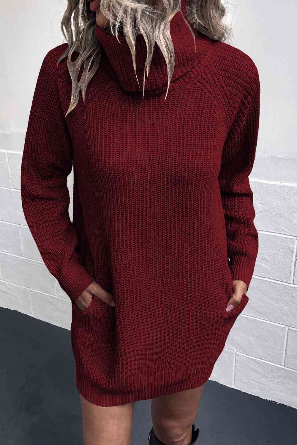 Trendsi Dresses Wine / S Gypsy Obra Turtleneck Sweater Dress with Pockets