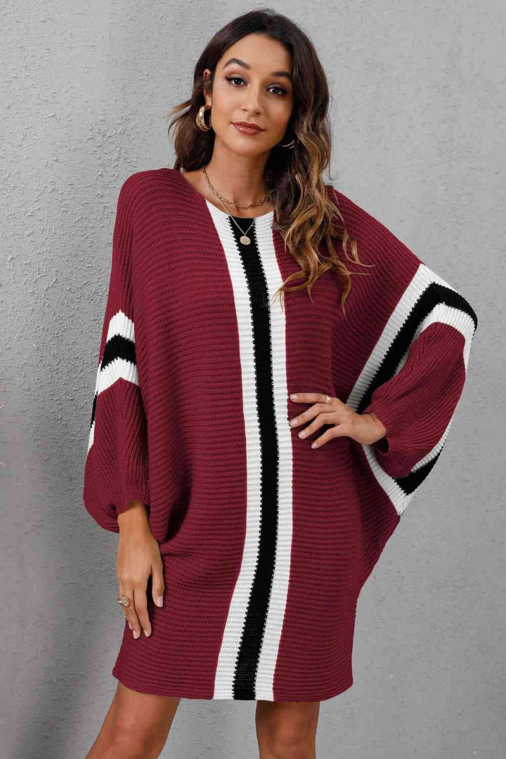 Trendsi Dresses Wine / S Gypsy Oven Ribbed Round Neck Sweater Dress