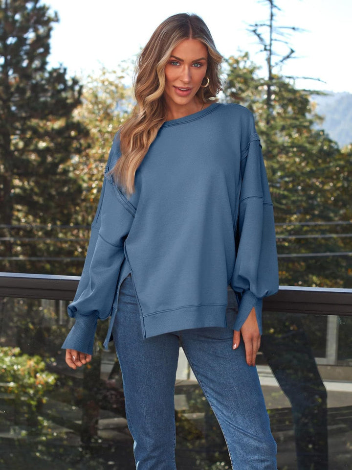 Trendsi Dusty Blue / S GYPSY-Slit Round Neck Long Sleeve Sweatshirt