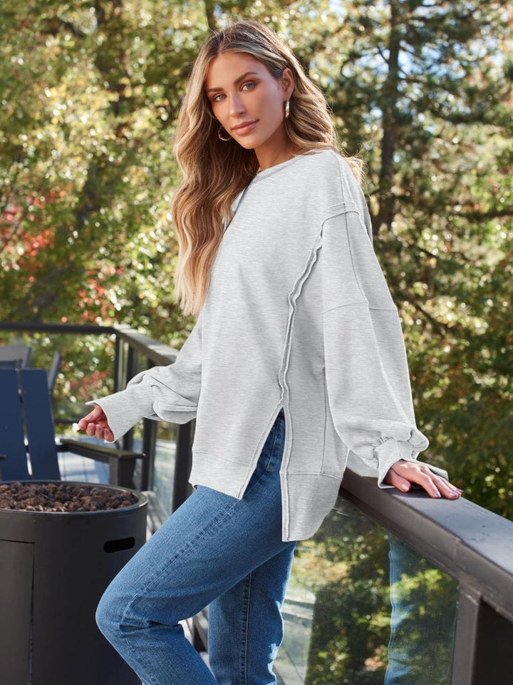 Trendsi GYPSY-Slit Round Neck Long Sleeve Sweatshirt