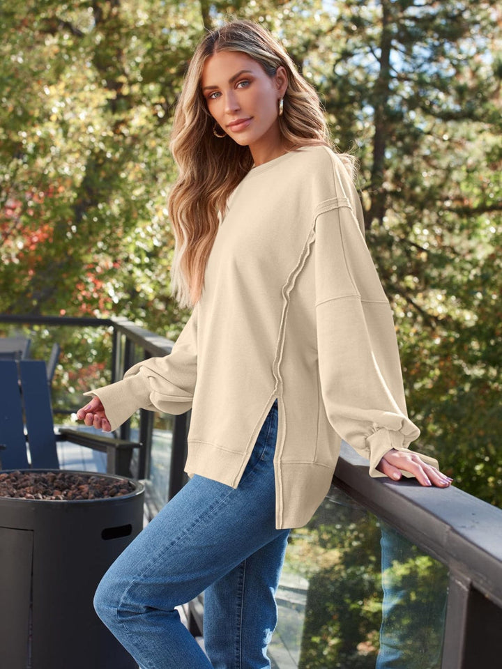 Trendsi GYPSY-Slit Round Neck Long Sleeve Sweatshirt