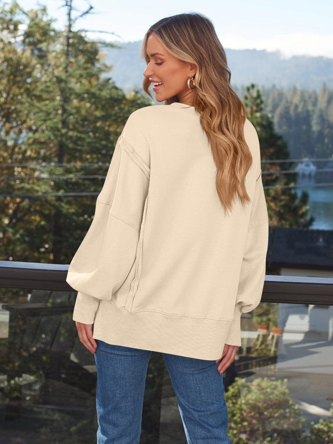 Trendsi GYPSY-Slit Round Neck Long Sleeve Sweatshirt