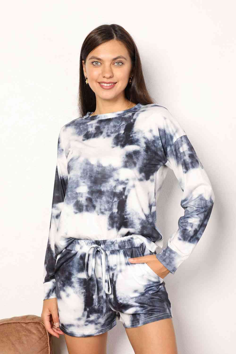 Trendsi Loungewear Gypsy Shore Tie-Dye Round Neck Top and Shorts Lounge Set