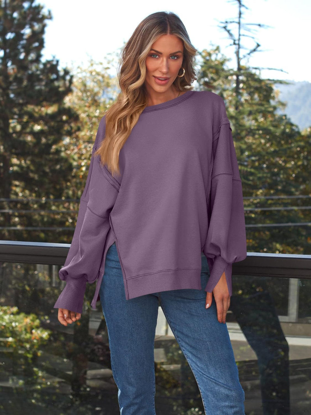 Trendsi Mauve / S GYPSY-Slit Round Neck Long Sleeve Sweatshirt