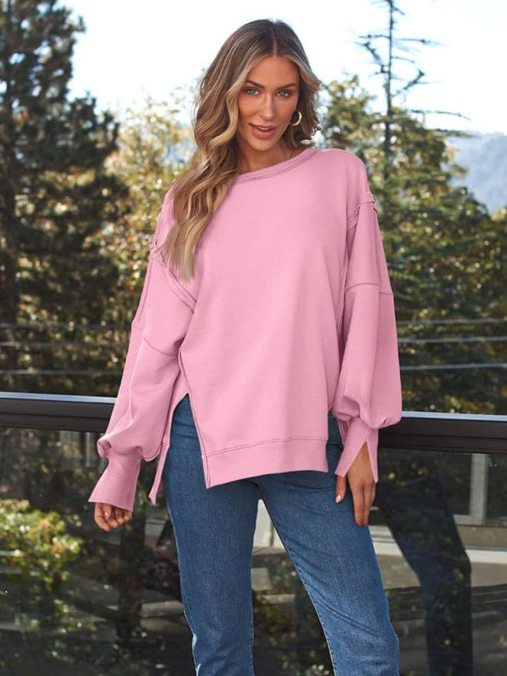 Trendsi Pink / S GYPSY-Slit Round Neck Long Sleeve Sweatshirt