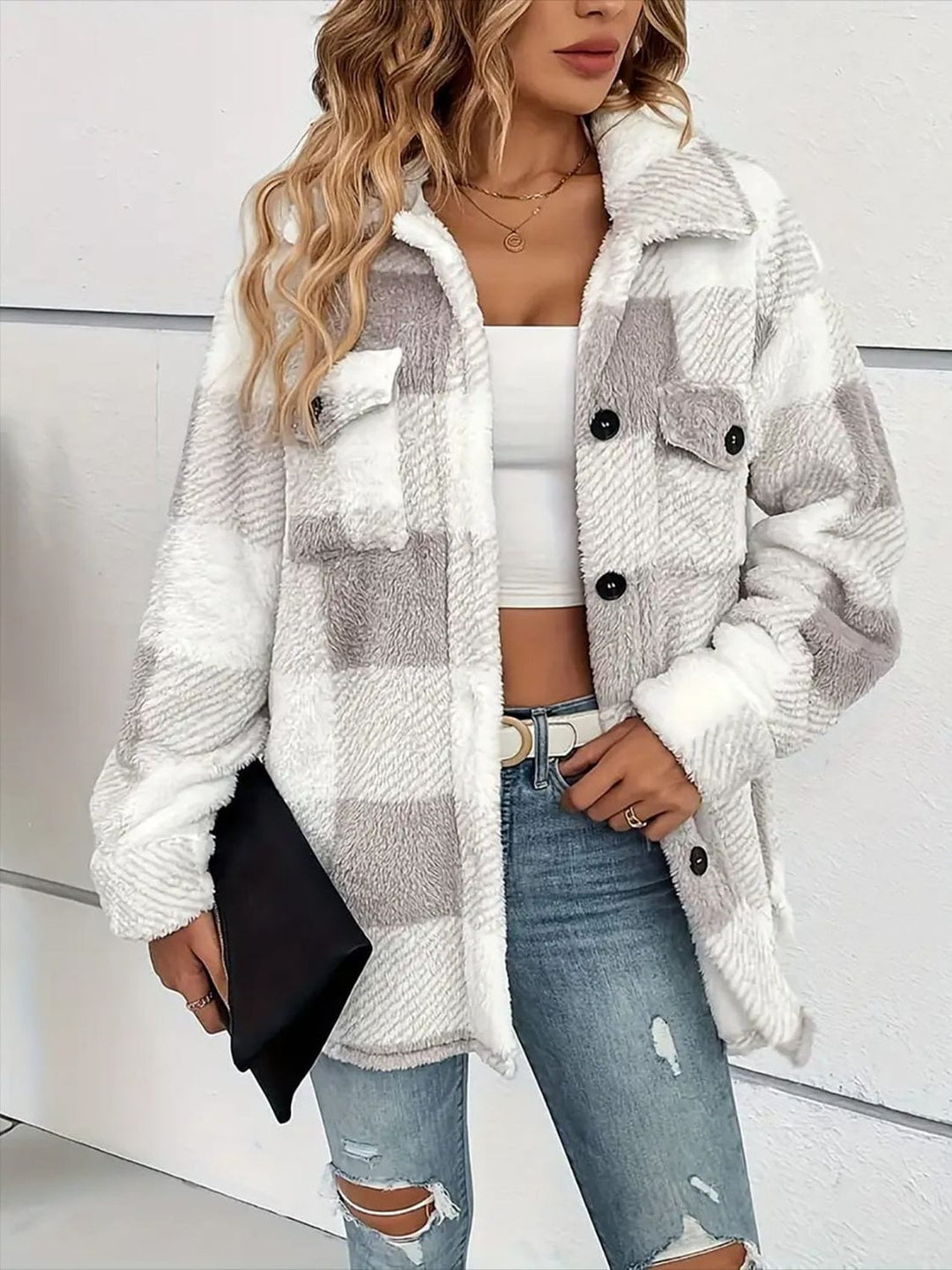 Trendsi Plaid Dropped Shoulder Long Sleeve Plush Coat