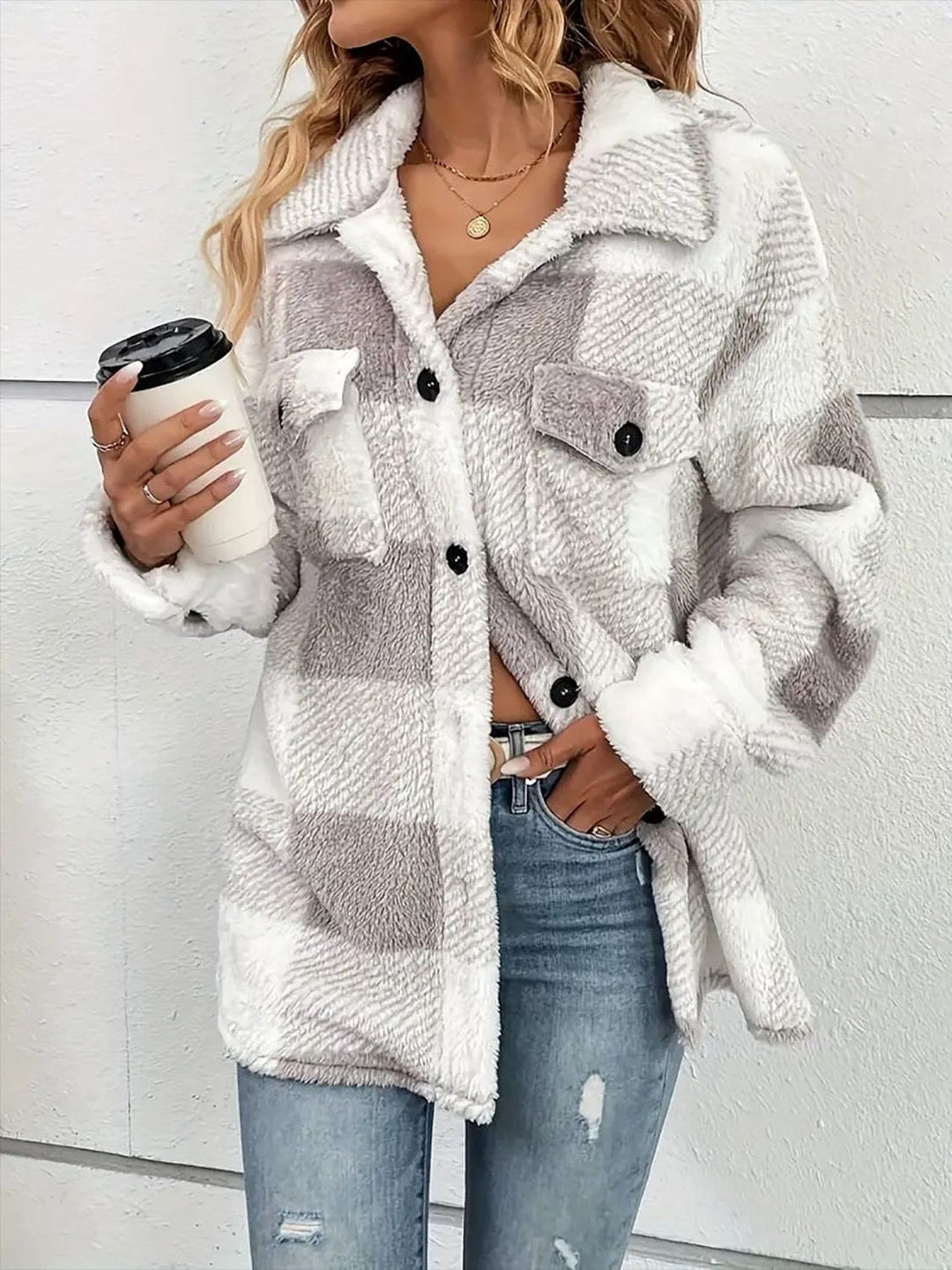 Trendsi Plaid Dropped Shoulder Long Sleeve Plush Coat