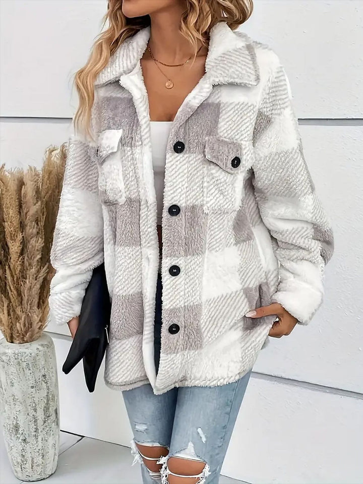 Trendsi Plaid Dropped Shoulder Long Sleeve Plush Coat