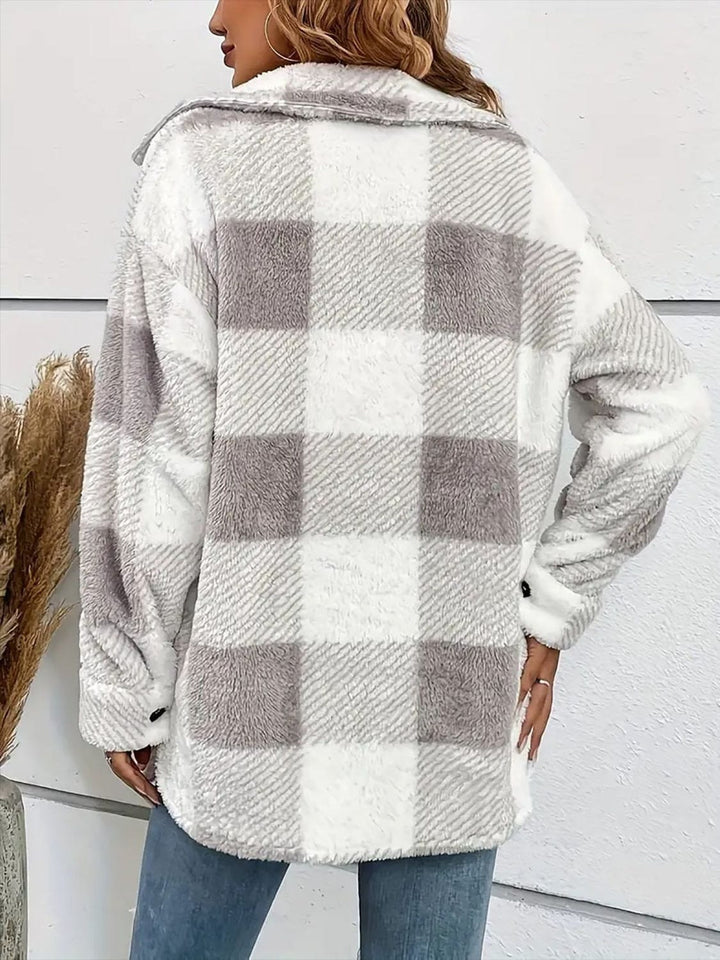 Trendsi Plaid Dropped Shoulder Long Sleeve Plush Coat