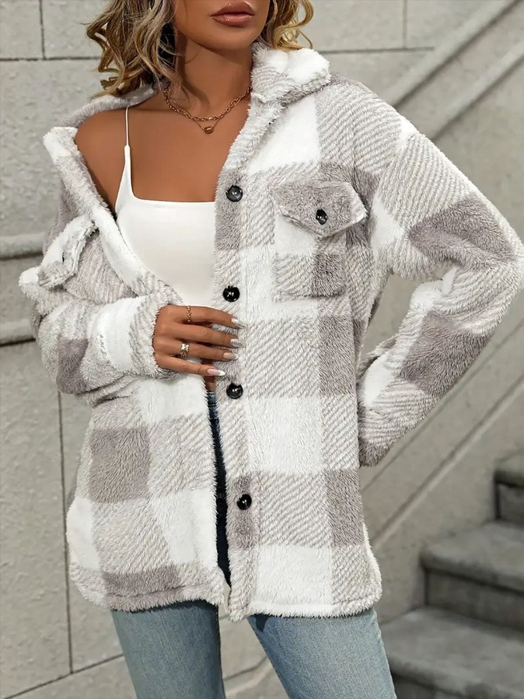 Trendsi Plaid Dropped Shoulder Long Sleeve Plush Coat