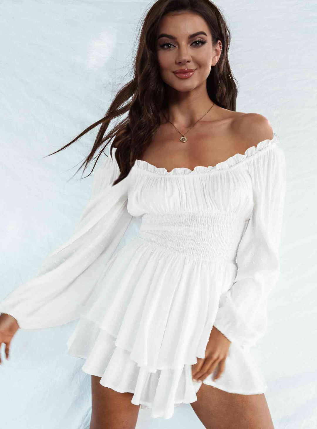 Trendsi romper and jumpsuits White / S Gypsy Bead Off Shoulder Smocked Waist Romper