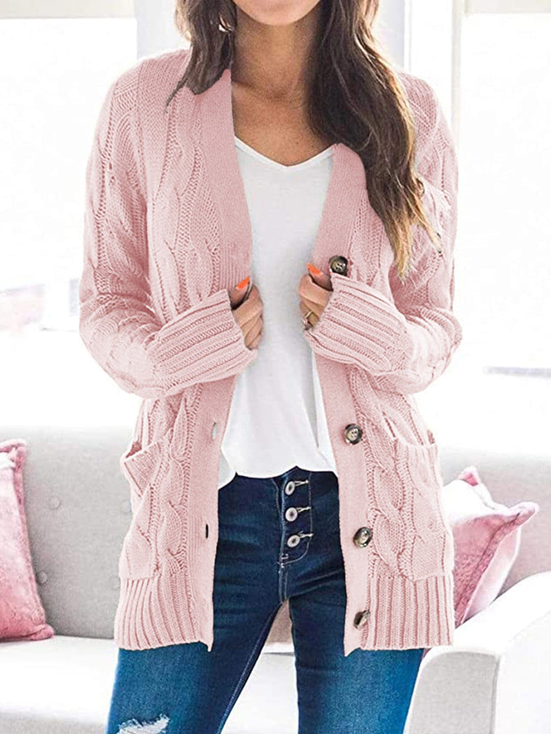 Trendsi sweater Blush Pink / S Gypsy Sam Cable-Knit Buttoned Cardigan with Pockets