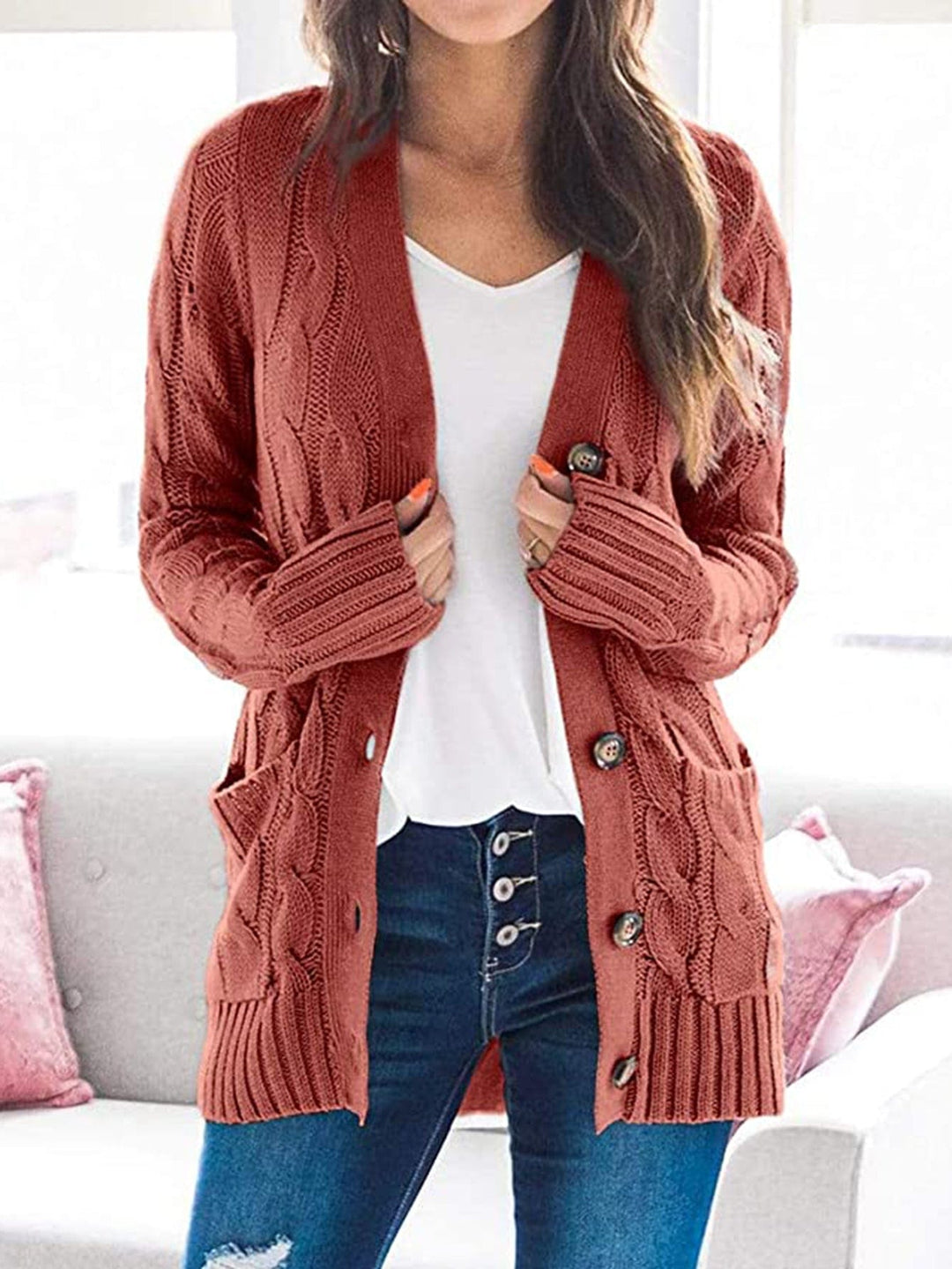 Trendsi sweater Brick Red / S Gypsy Sam Cable-Knit Buttoned Cardigan with Pockets