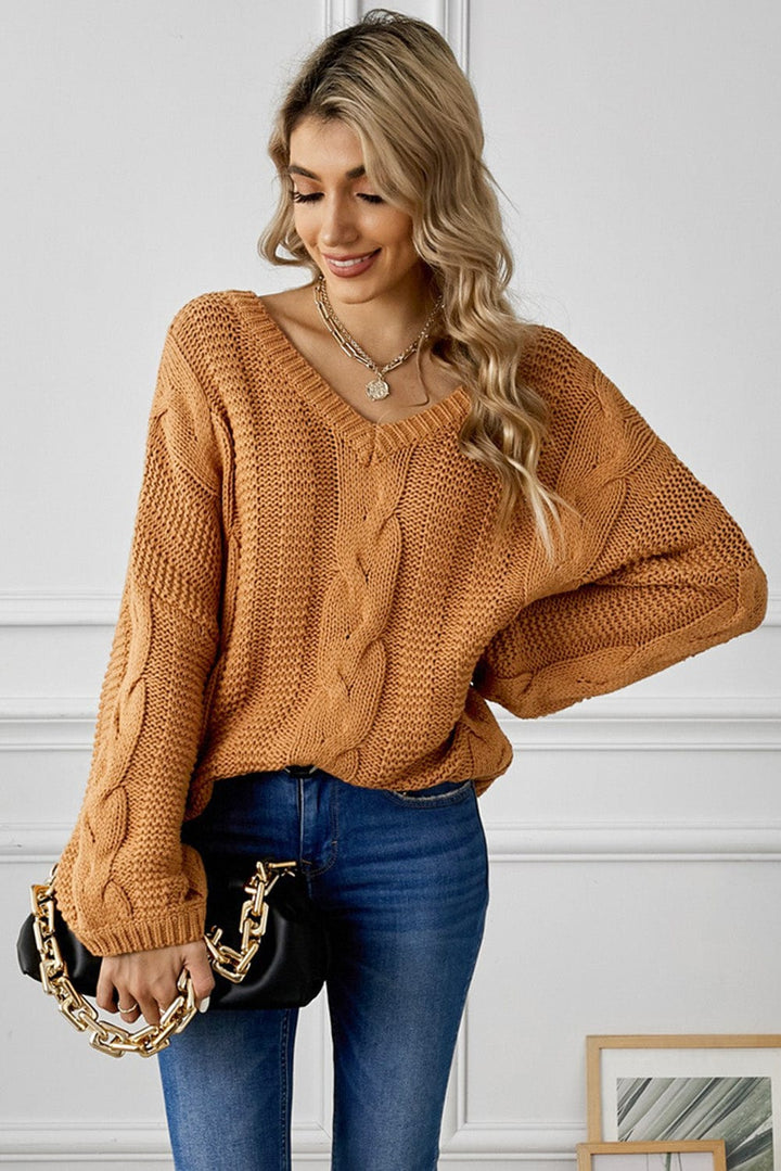 Trendsi sweater Caramel / S Gypsy Karma Cable Knit V-Neck Sweater
