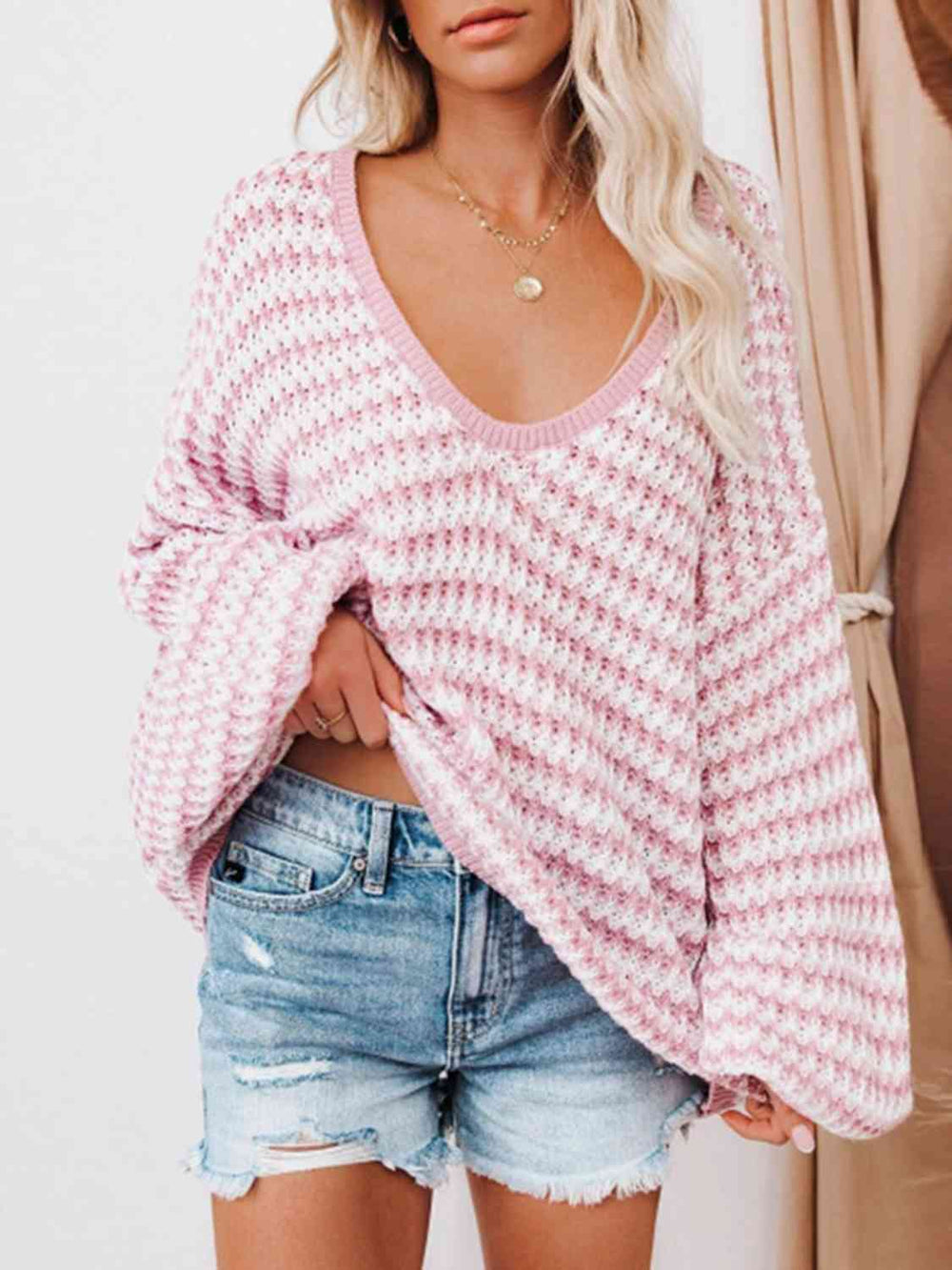 Trendsi sweater Carnation Pink / S Gypsy Tiffany  Drop Shoulder V-Neck Sweater