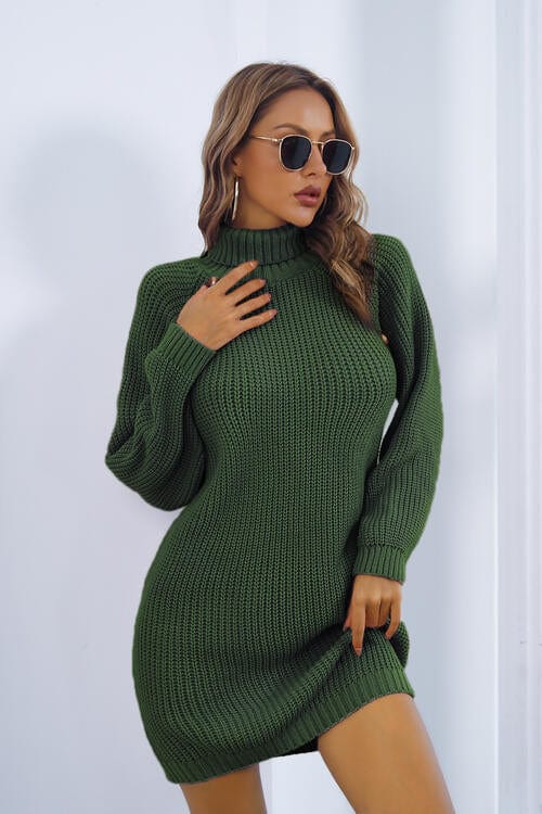 Trendsi Sweater dress Green / S Gypsy Wova Buttoned Turtleneck Long Sleeve Sweater Dress