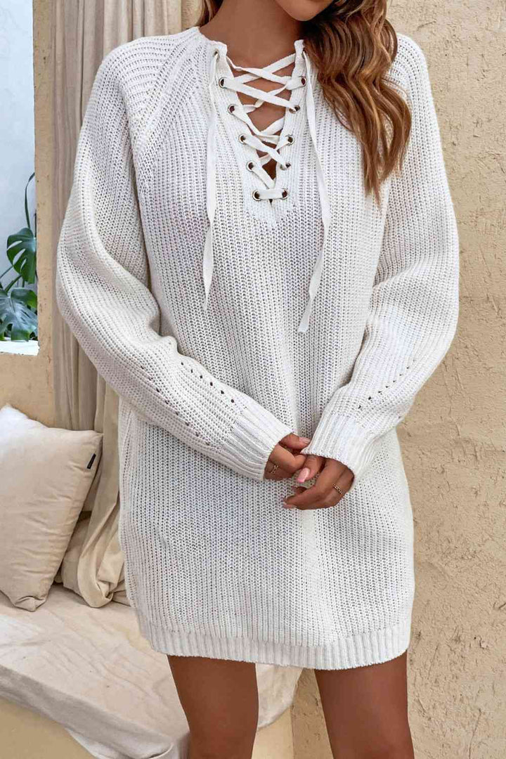 Trendsi Sweater dress Ivory / S Gypsy Tyla Lace-Up Mini Sweater Dress