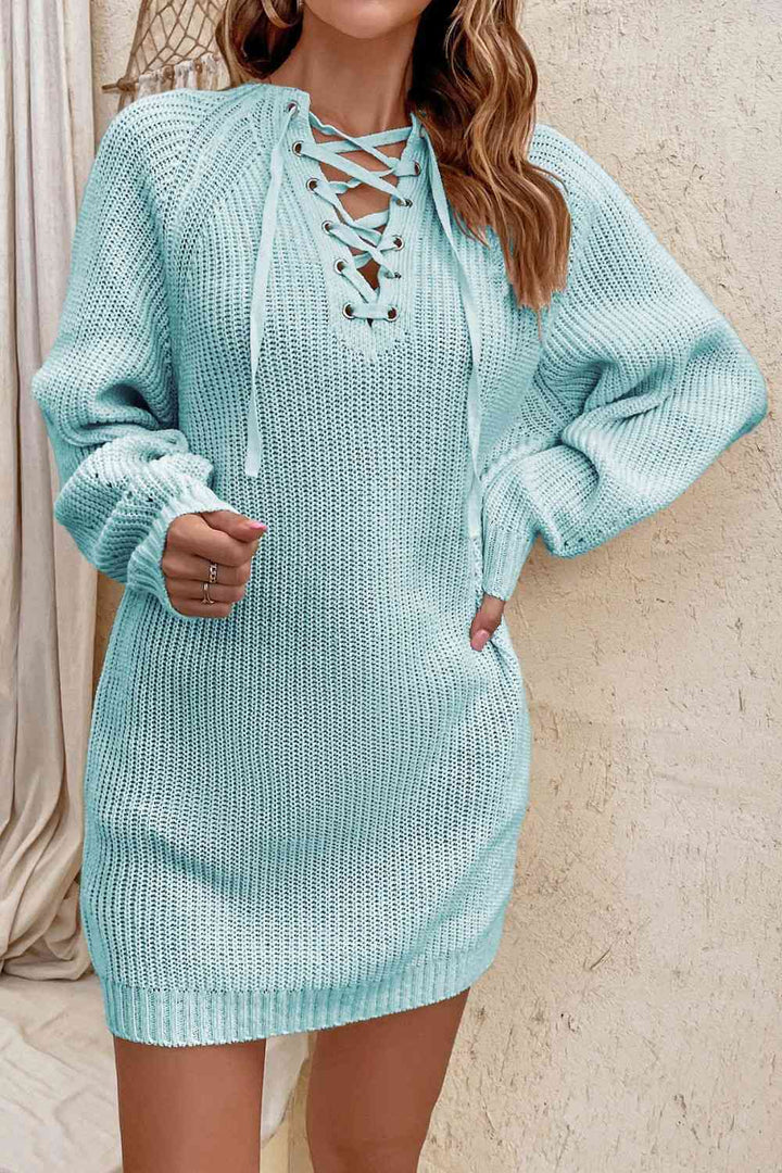 Trendsi Sweater dress Mint Blue / S Gypsy Tyla Lace-Up Mini Sweater Dress