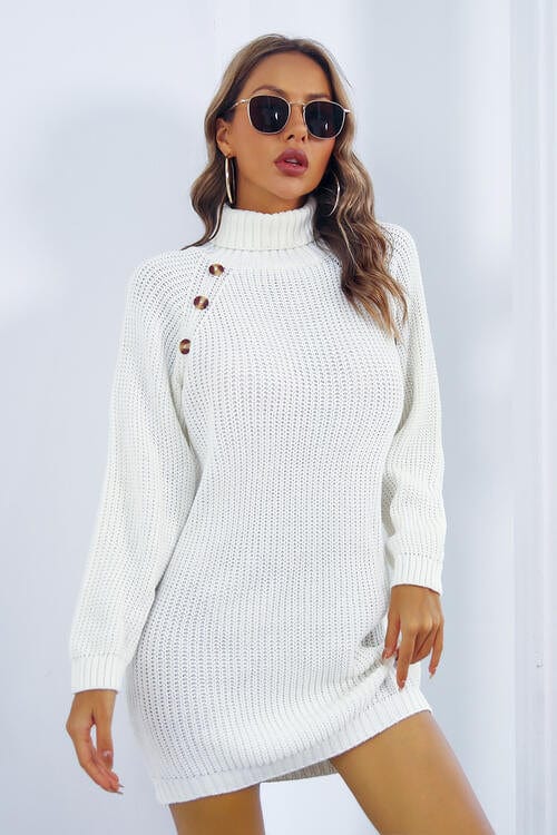 Trendsi Sweater dress White / S Gypsy Wova Buttoned Turtleneck Long Sleeve Sweater Dress