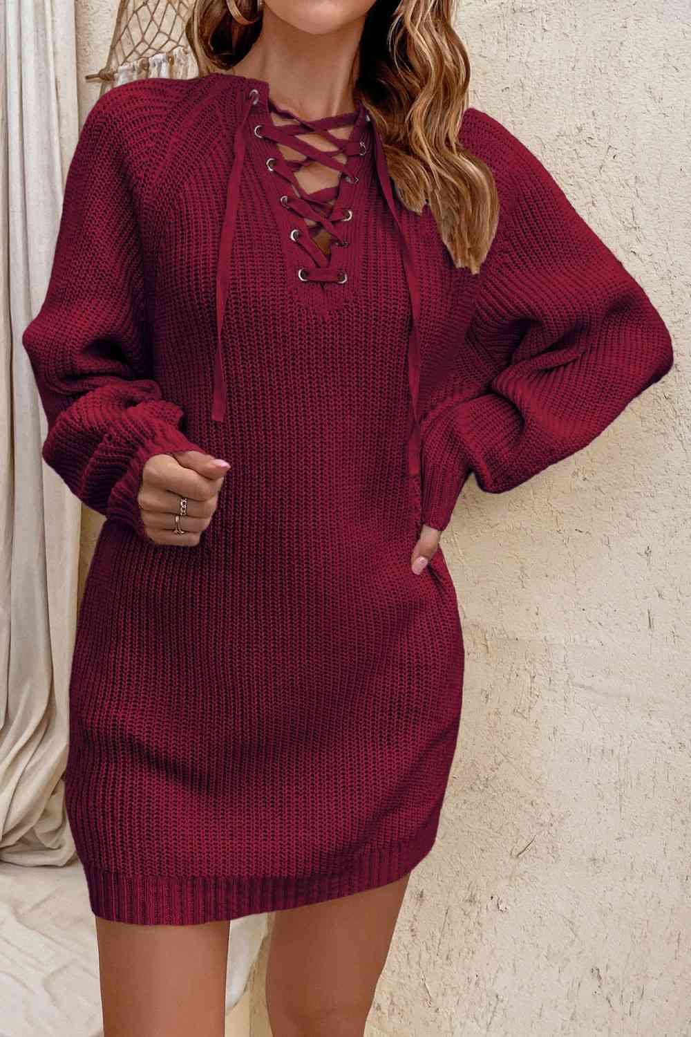 Trendsi Sweater dress Wine / S Gypsy Tyla Lace-Up Mini Sweater Dress