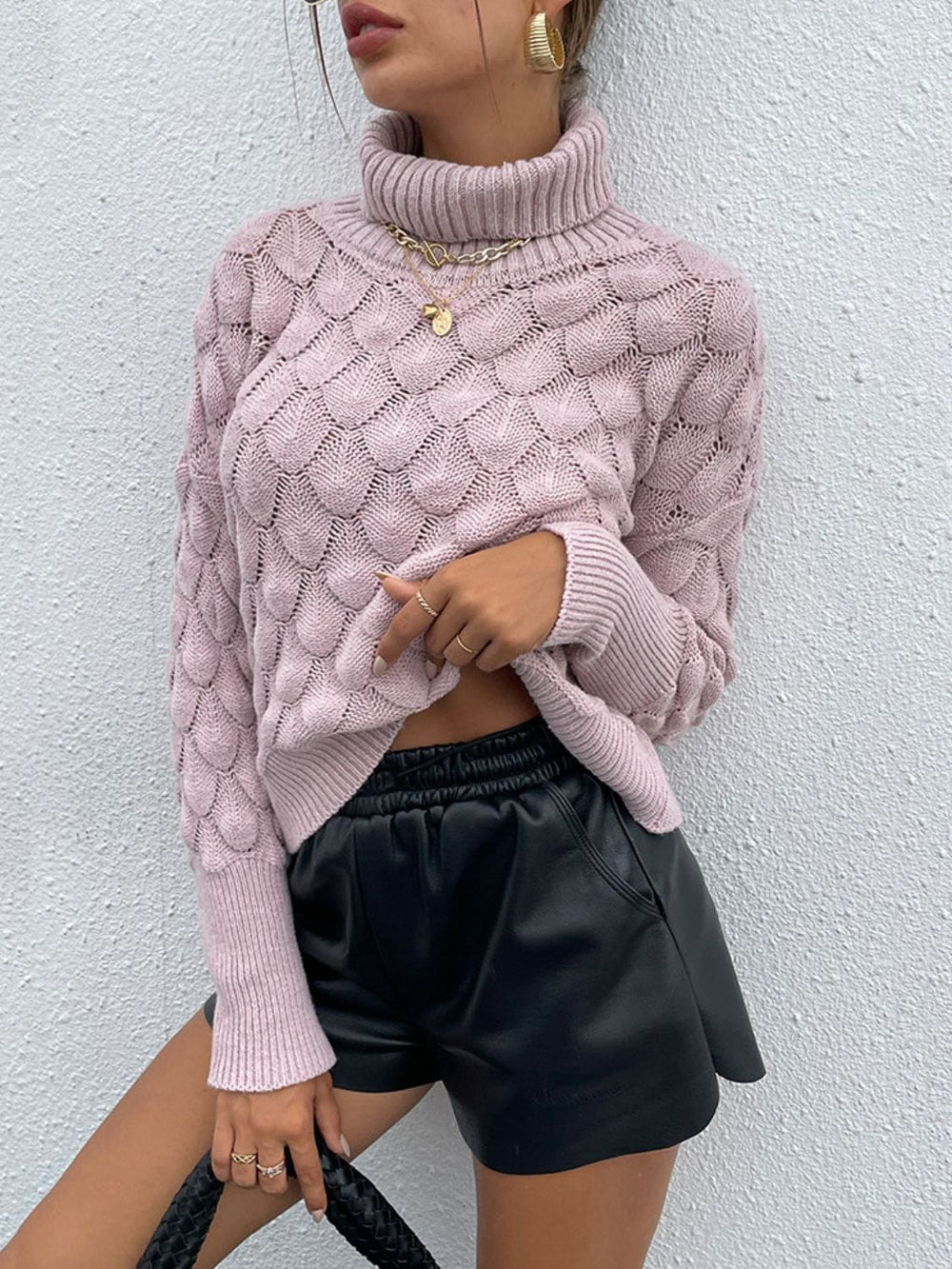 Trendsi sweater Dusty Pink / S Gypsy Lion Turtle Neck Ribbed Sweater