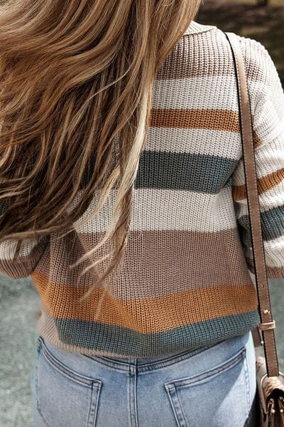 Trendsi Sweater Gypsy Striped Round Neck Dropped Shoulder Sweater