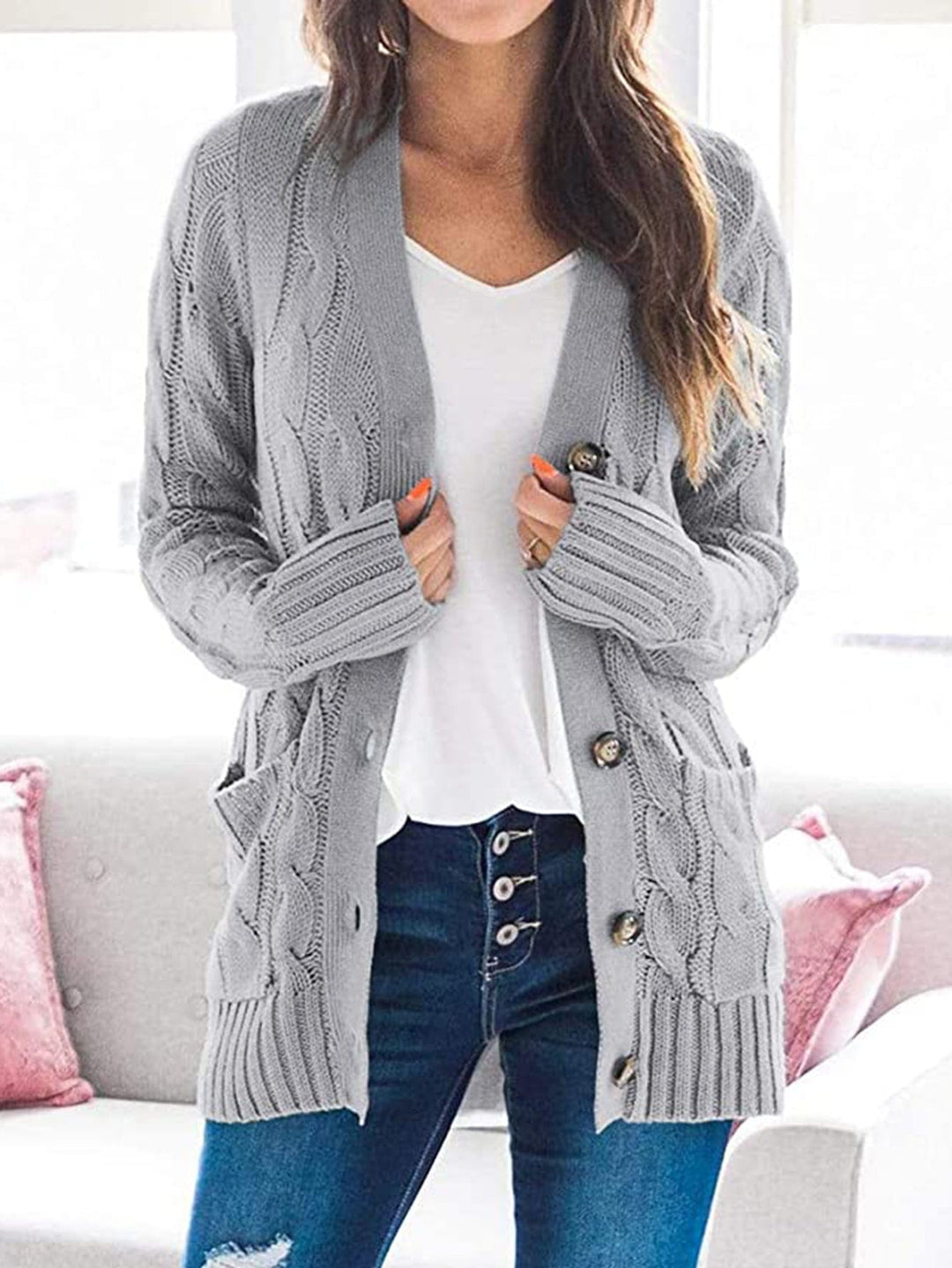 Trendsi sweater Light Gray / S Gypsy Sam Cable-Knit Buttoned Cardigan with Pockets