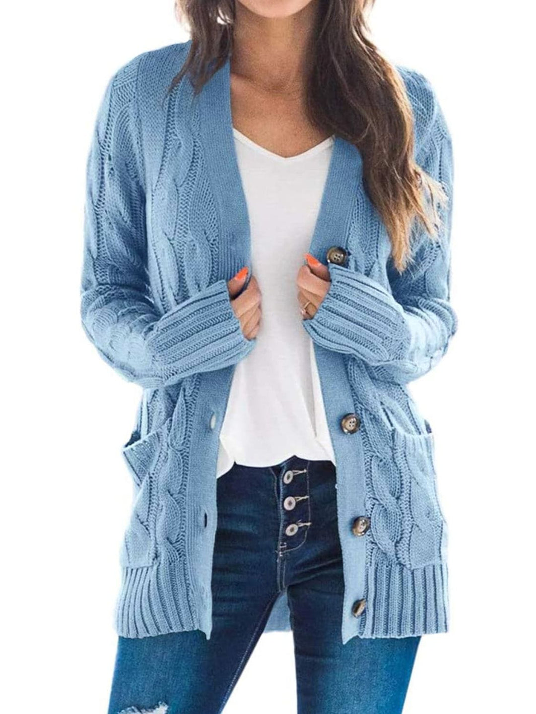 Trendsi sweater Misty  Blue / S Gypsy Sam Cable-Knit Buttoned Cardigan with Pockets