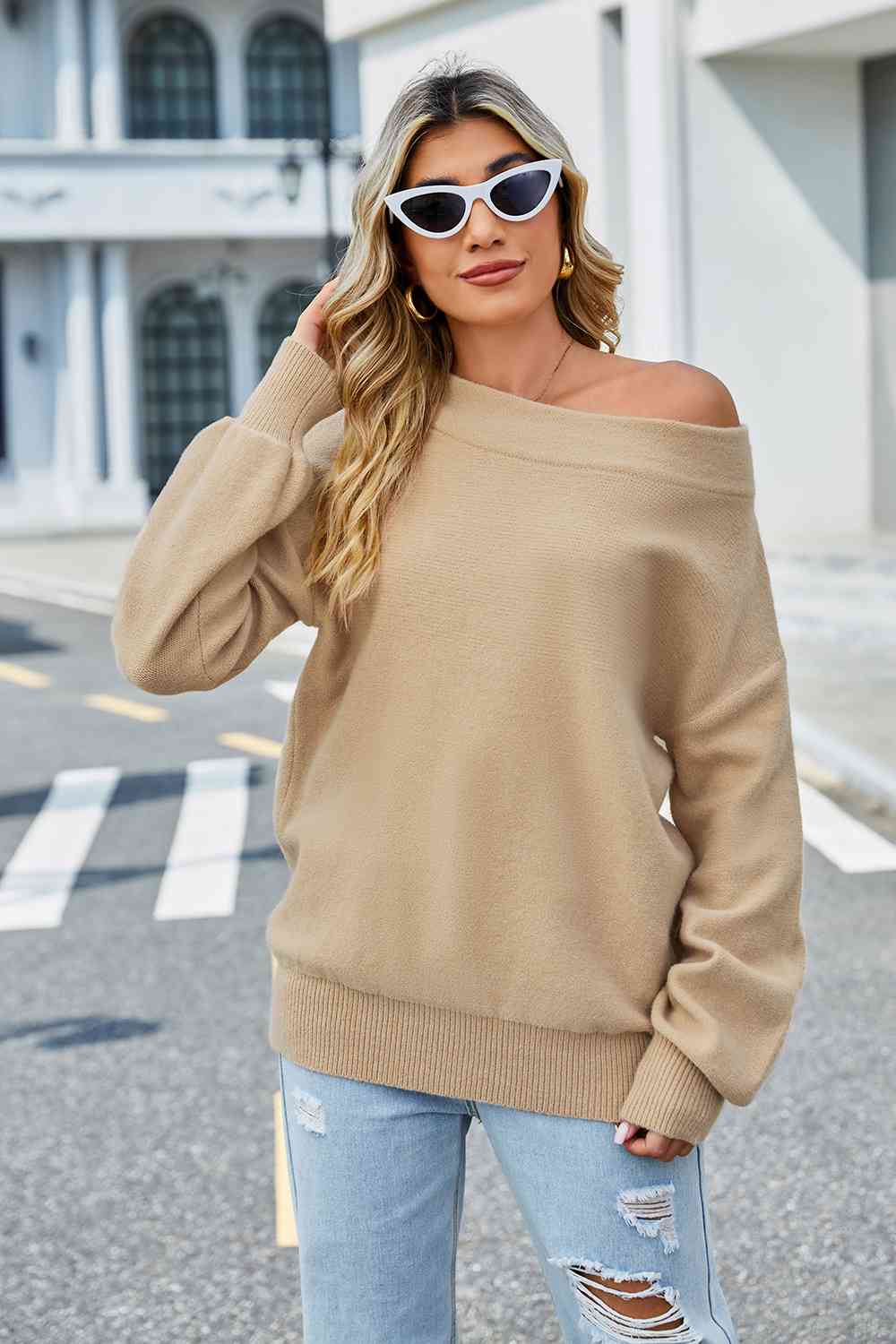 Trendsi sweater Sand / S Gypsy Long Sleeve Ribbed Trim Sweater
