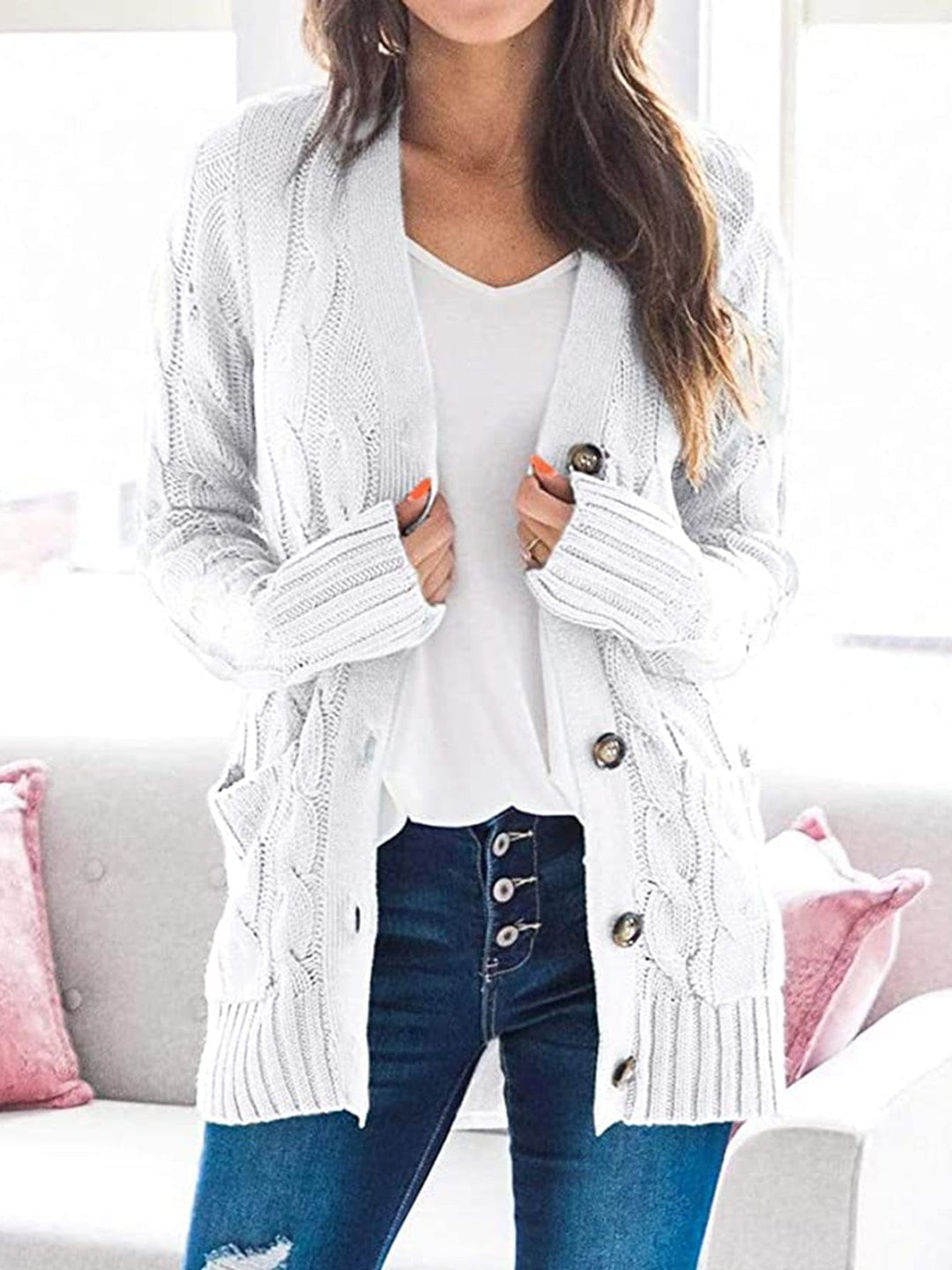 Trendsi sweater White / S Gypsy Sam Cable-Knit Buttoned Cardigan with Pockets