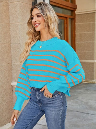 Trendsi Swester Gypsy Round Neck Striped Lantern Sleeve Sweater